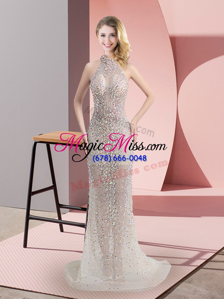 wholesale exceptional champagne mermaid halter top sleeveless tulle sweep train backless beading prom dresses