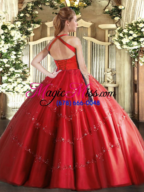 wholesale hot sale halter top sleeveless tulle quinceanera dresses appliques lace up