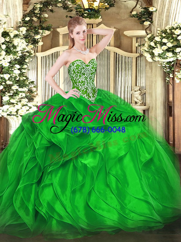 wholesale high quality green sleeveless floor length beading and ruffles lace up vestidos de quinceanera
