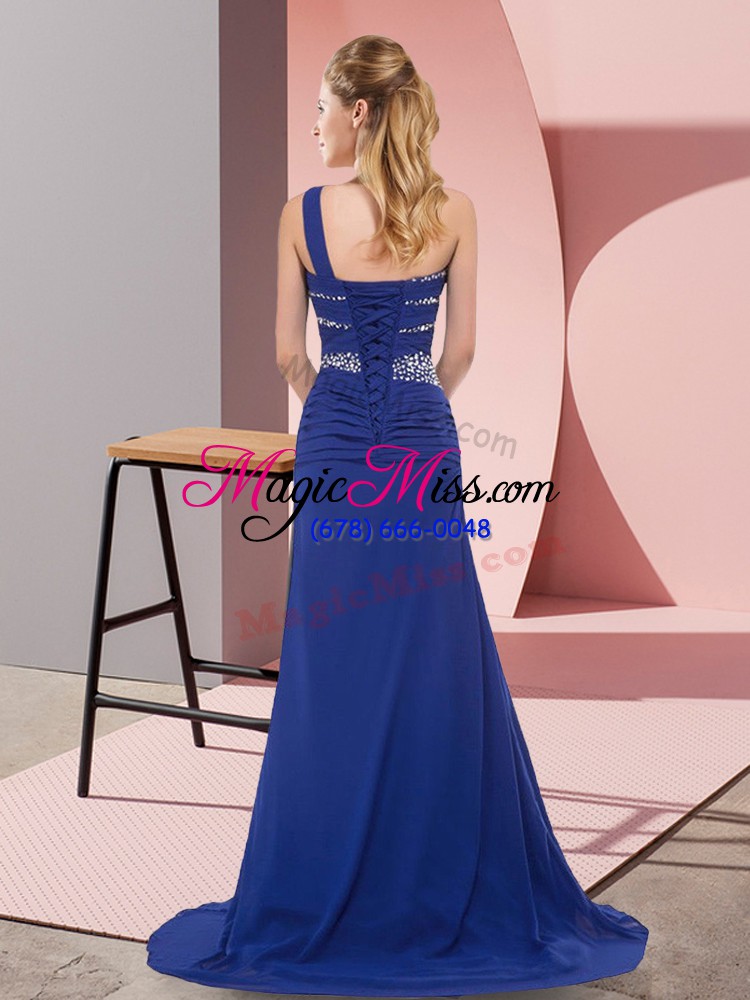 wholesale pretty sleeveless floor length beading lace up prom dress with blue sweep train