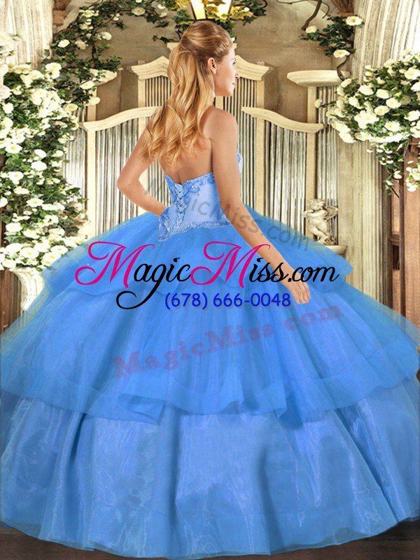 wholesale glittering blue tulle lace up ball gown prom dress sleeveless floor length beading and ruffled layers