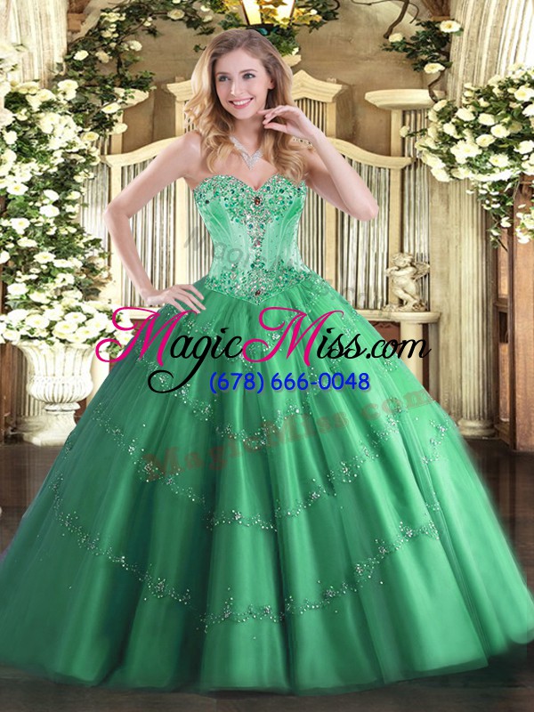 wholesale edgy floor length turquoise sweet 16 dresses tulle sleeveless beading and appliques
