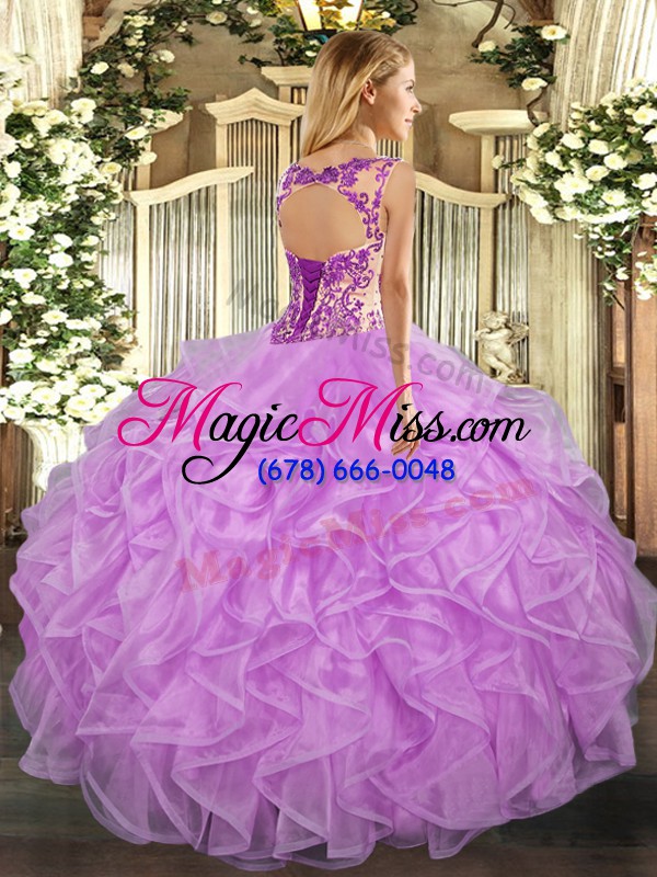wholesale dynamic scoop cap sleeves quinceanera gowns floor length beading and appliques and ruffles lavender organza