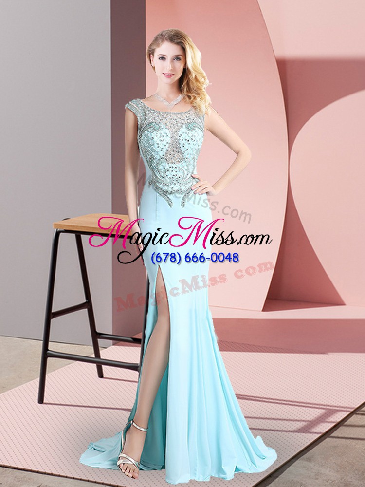 wholesale aqua blue prom gown scoop sleeveless sweep train backless
