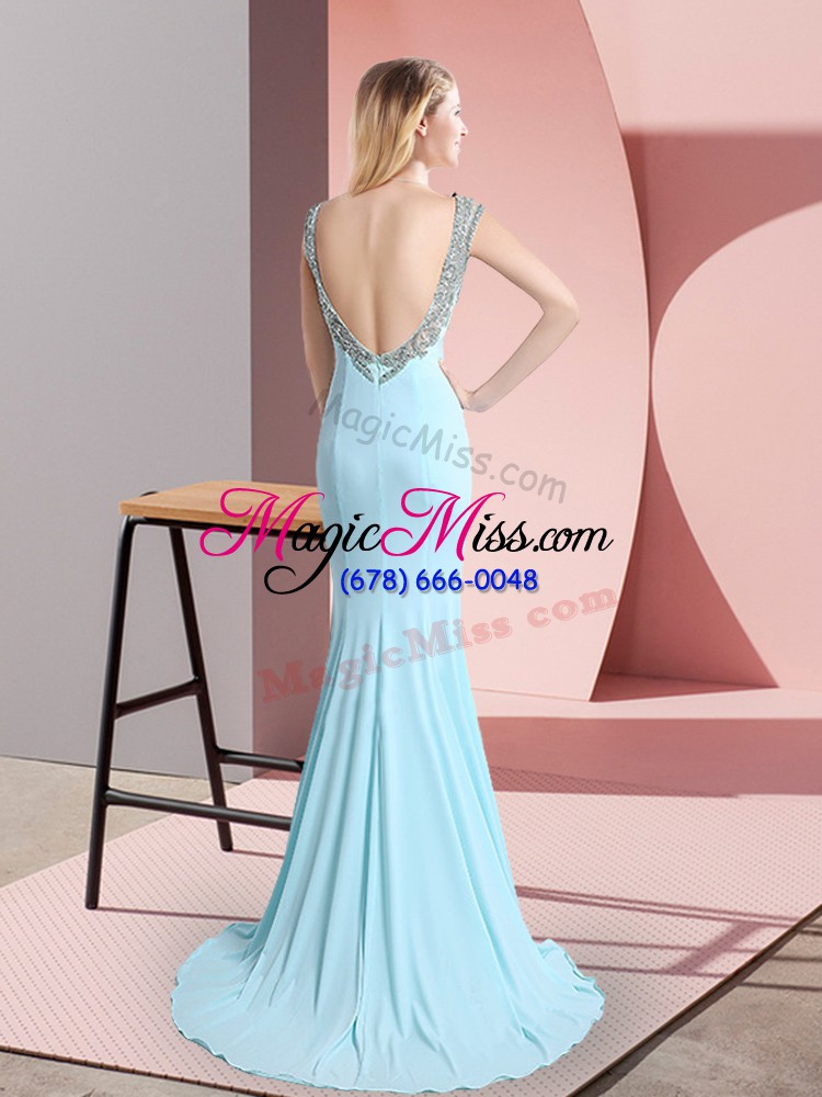 wholesale aqua blue prom gown scoop sleeveless sweep train backless
