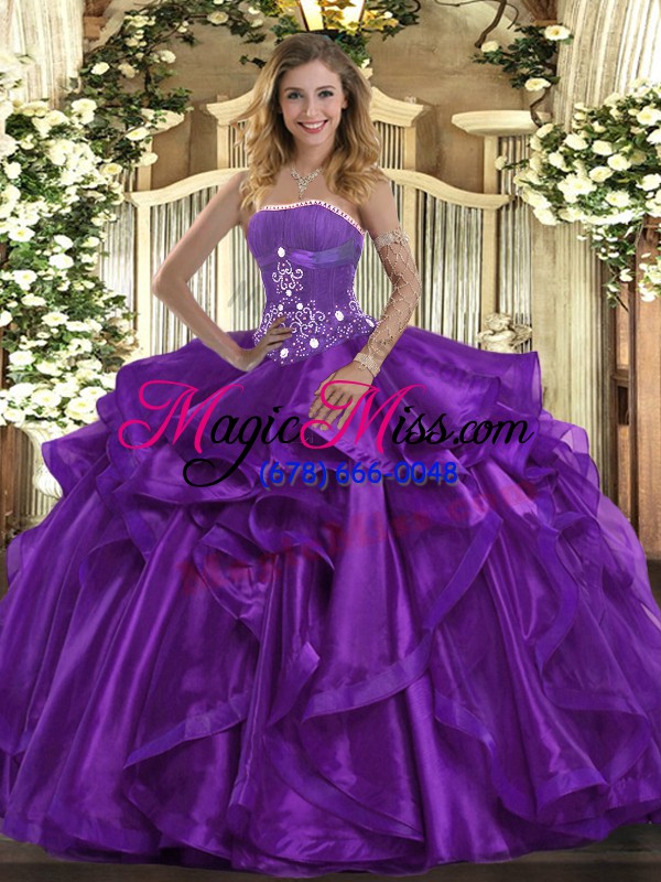 wholesale delicate purple lace up strapless beading and ruffles 15th birthday dress organza sleeveless