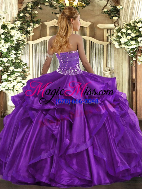 wholesale delicate purple lace up strapless beading and ruffles 15th birthday dress organza sleeveless