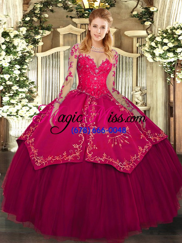 wholesale scoop long sleeves sweet 16 dress floor length lace and embroidery wine red organza and taffeta