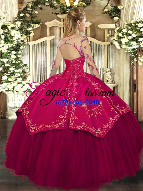 wholesale scoop long sleeves sweet 16 dress floor length lace and embroidery wine red organza and taffeta