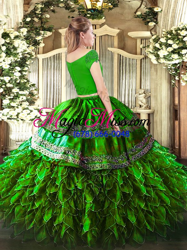 wholesale latest green zipper off the shoulder embroidery and ruffles sweet 16 dress organza and taffeta short sleeves