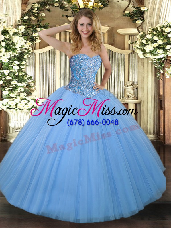 wholesale discount aqua blue ball gowns sweetheart sleeveless tulle floor length lace up beading vestidos de quinceanera