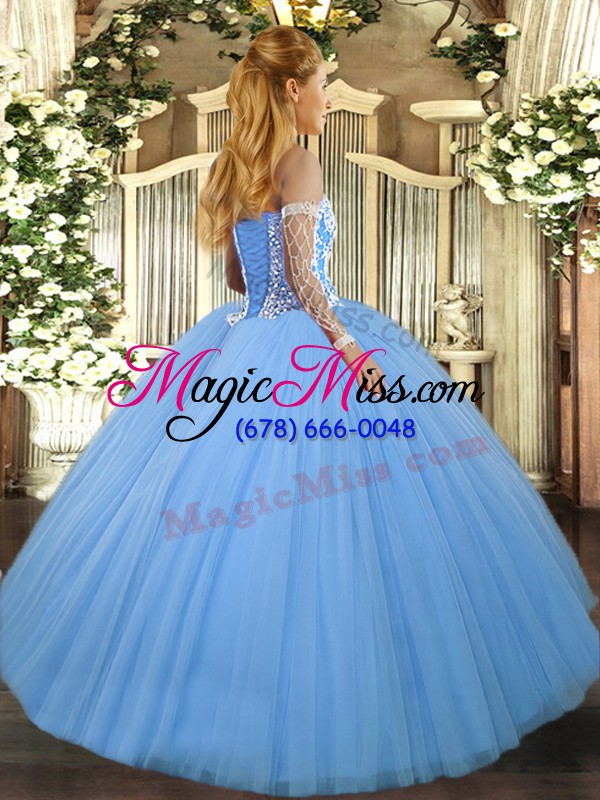 wholesale discount aqua blue ball gowns sweetheart sleeveless tulle floor length lace up beading vestidos de quinceanera