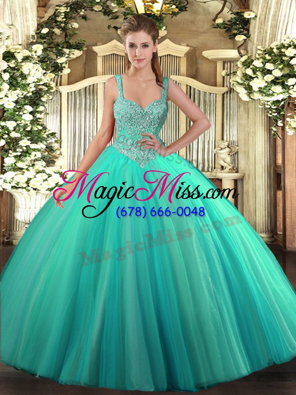 wholesale eye-catching tulle v-neck sleeveless lace up beading sweet 16 dresses in turquoise