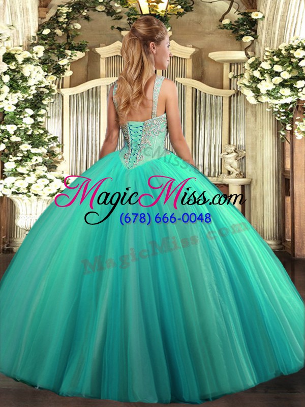 wholesale eye-catching tulle v-neck sleeveless lace up beading sweet 16 dresses in turquoise