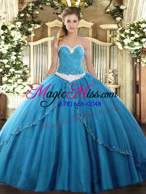 wholesale perfect lace up ball gown prom dress baby blue for military ball and sweet 16 and quinceanera with appliques brush train
