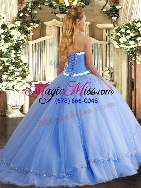 wholesale perfect lace up ball gown prom dress baby blue for military ball and sweet 16 and quinceanera with appliques brush train
