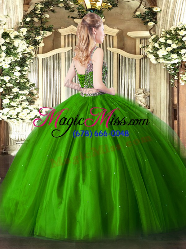 wholesale exquisite two pieces vestidos de quinceanera green scoop tulle sleeveless floor length lace up