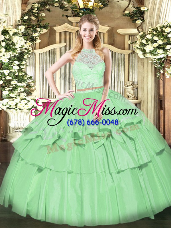 wholesale apple green sleeveless lace and ruffled layers floor length 15th birthday dress
