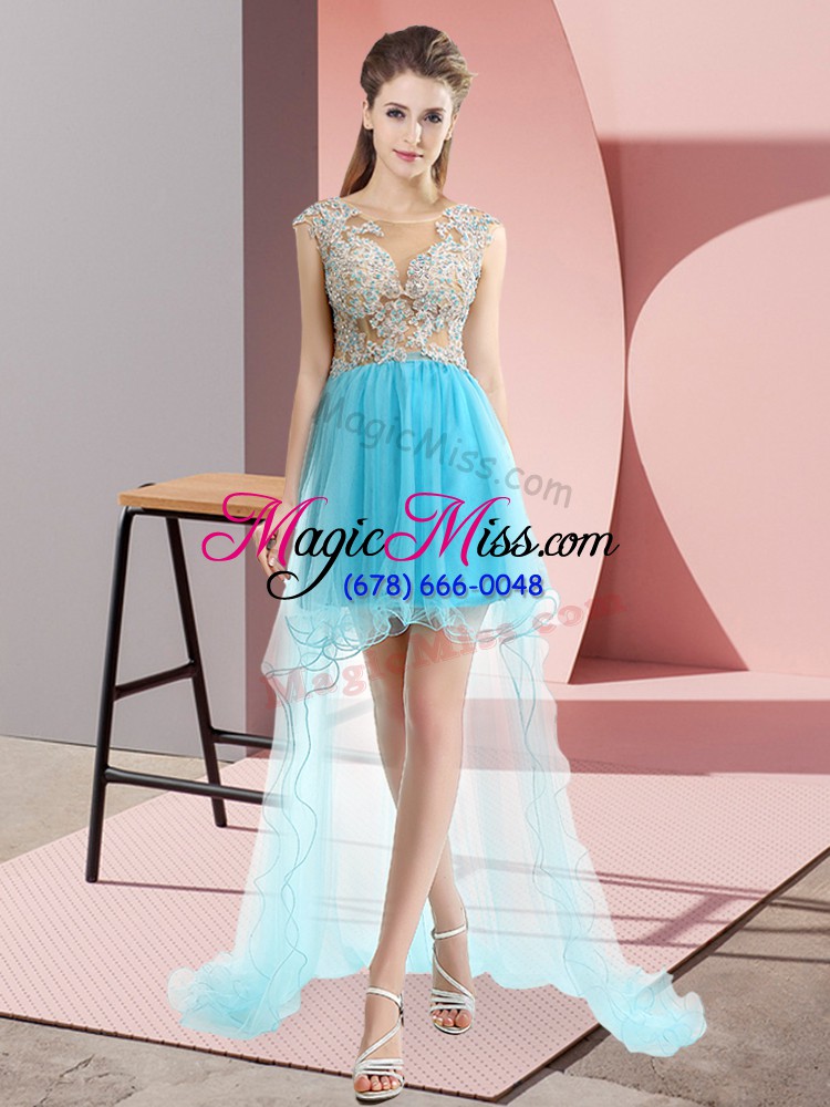 wholesale aqua blue sleeveless tulle sweep train lace up prom dress for prom and party