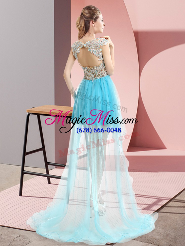 wholesale aqua blue sleeveless tulle sweep train lace up prom dress for prom and party