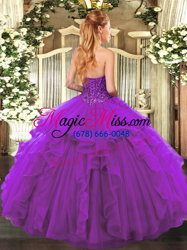 wholesale superior eggplant purple sleeveless floor length beading and ruffles lace up sweet 16 dresses