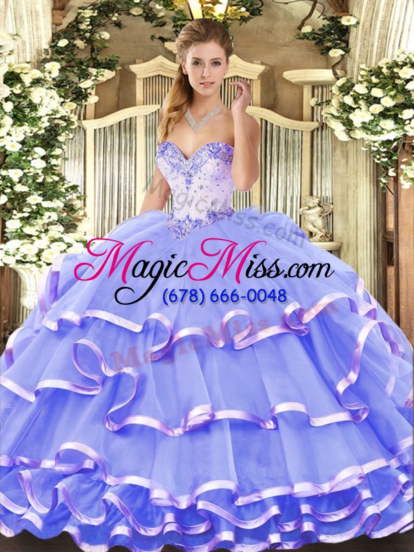 wholesale high quality sleeveless organza floor length lace up quinceanera dress in lavender with beading and ruffled layers