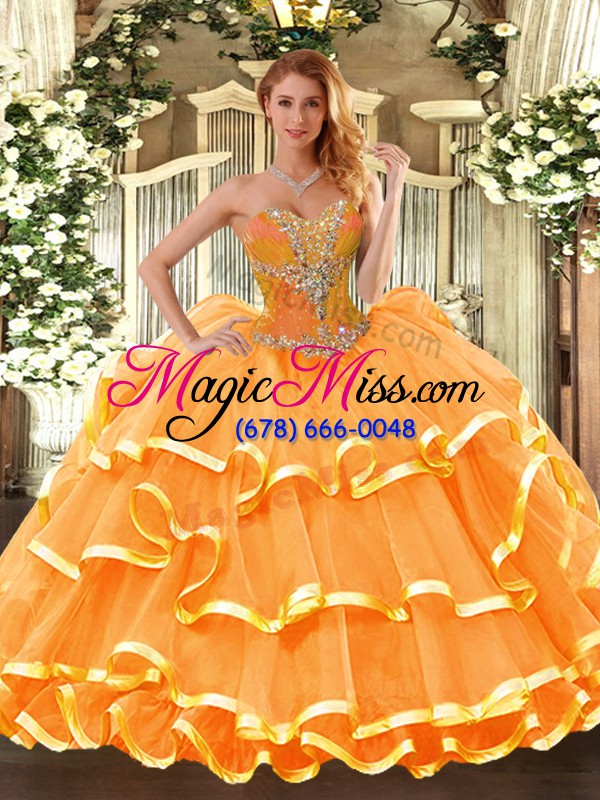 wholesale beading and ruffled layers quince ball gowns orange lace up sleeveless floor length