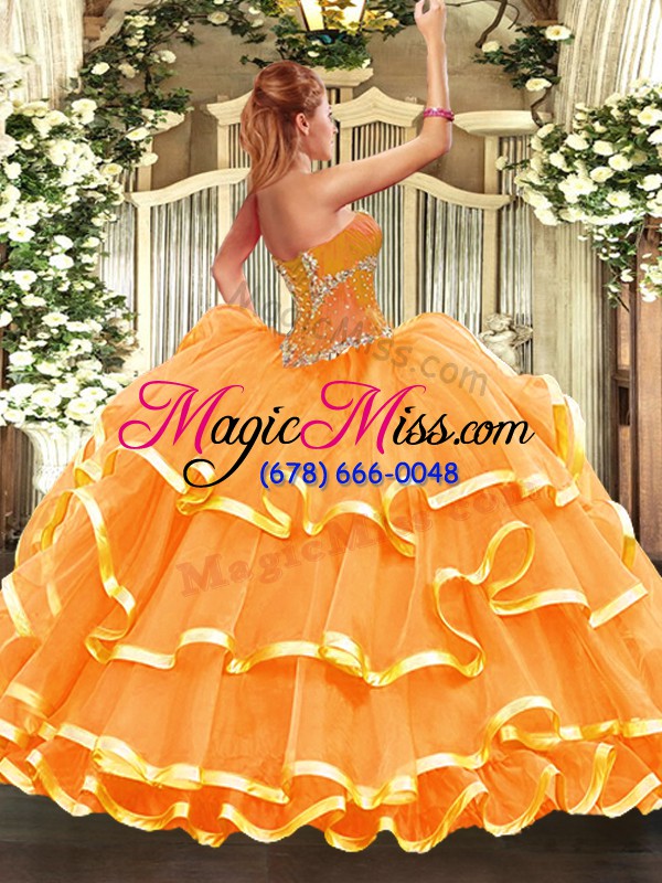 wholesale beading and ruffled layers quince ball gowns orange lace up sleeveless floor length