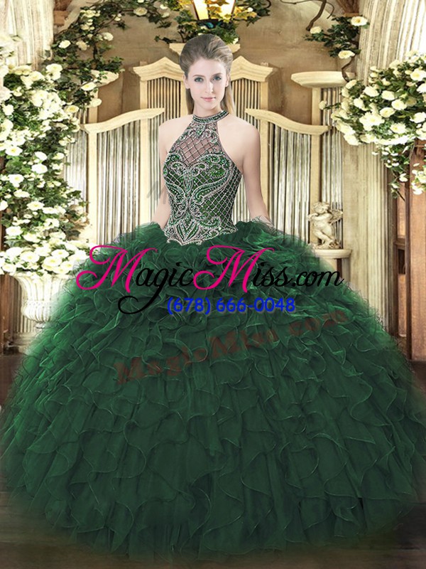 wholesale adorable taffeta halter top sleeveless lace up beading and ruffles sweet 16 dress in dark green