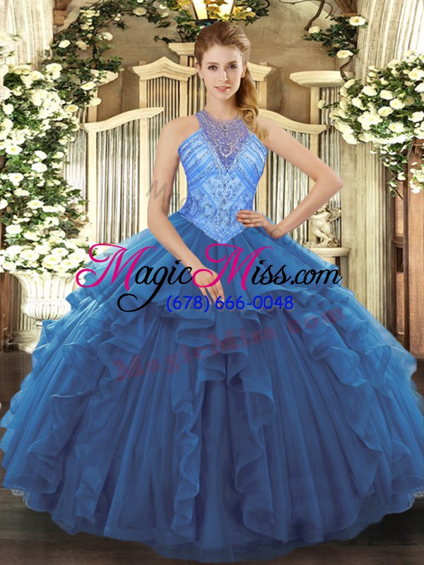 wholesale floor length ball gowns sleeveless blue ball gown prom dress lace up