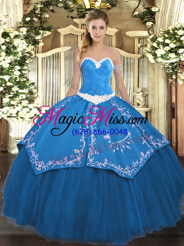 wholesale high end blue sleeveless floor length appliques and embroidery lace up quinceanera dresses