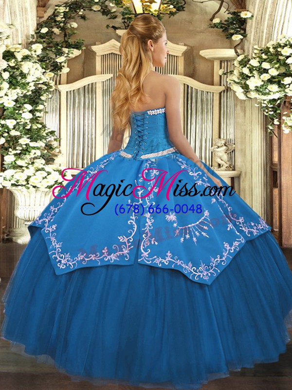 wholesale high end blue sleeveless floor length appliques and embroidery lace up quinceanera dresses