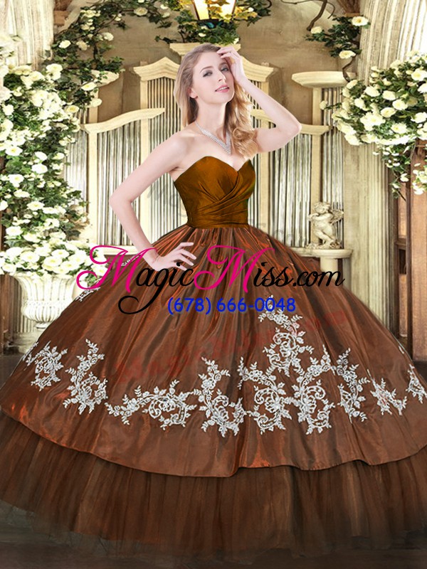 wholesale floor length brown sweet 16 quinceanera dress organza and taffeta sleeveless embroidery