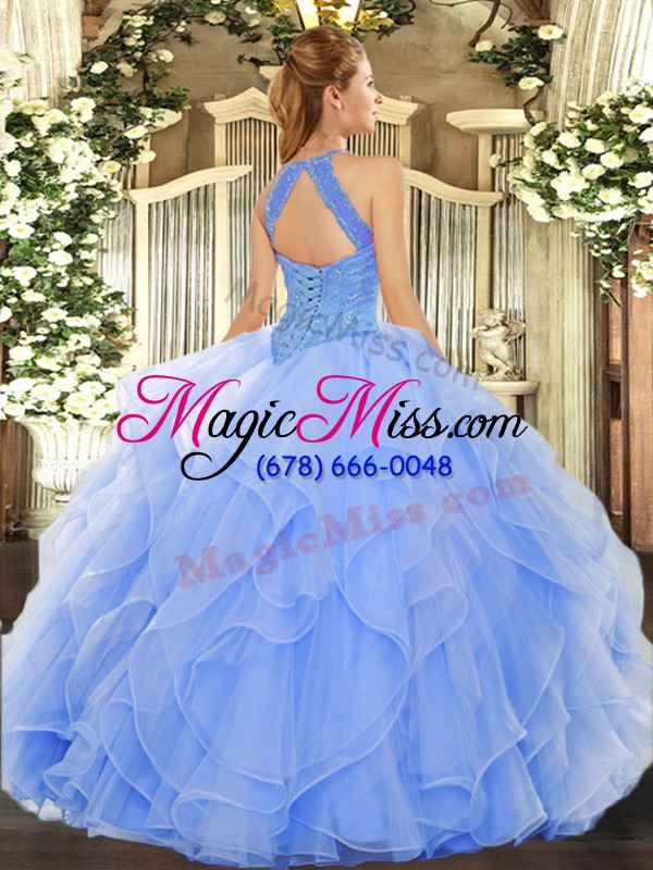 wholesale pretty high-neck sleeveless lace up quinceanera gowns light blue organza