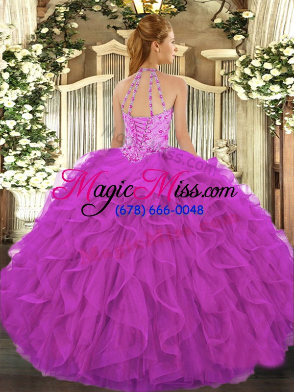 wholesale wonderful hot pink organza lace up halter top sleeveless floor length quinceanera gown beading and embroidery