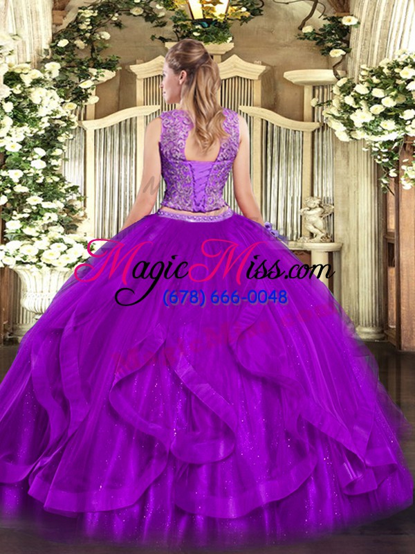 wholesale affordable fuchsia two pieces beading and ruffles ball gown prom dress zipper organza sleeveless floor length