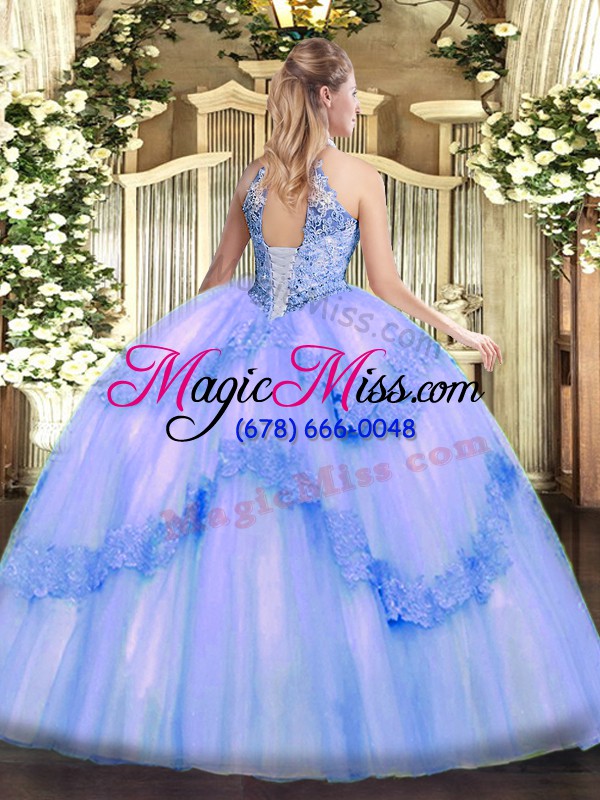wholesale blue tulle lace up sweet 16 dresses sleeveless floor length appliques and sequins