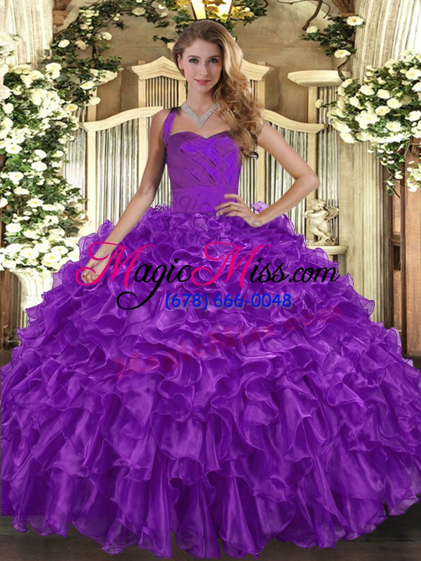 wholesale trendy halter top sleeveless quinceanera gown floor length ruffles purple organza