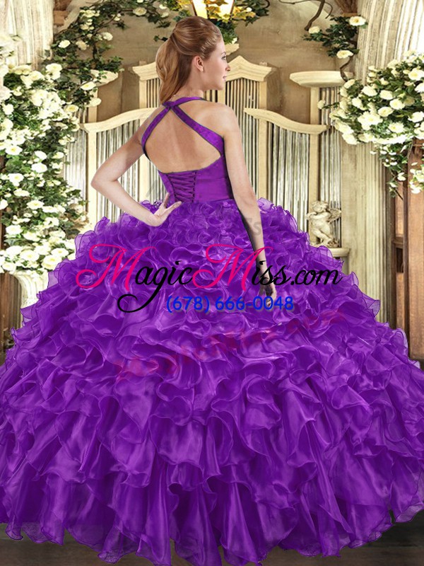 wholesale trendy halter top sleeveless quinceanera gown floor length ruffles purple organza