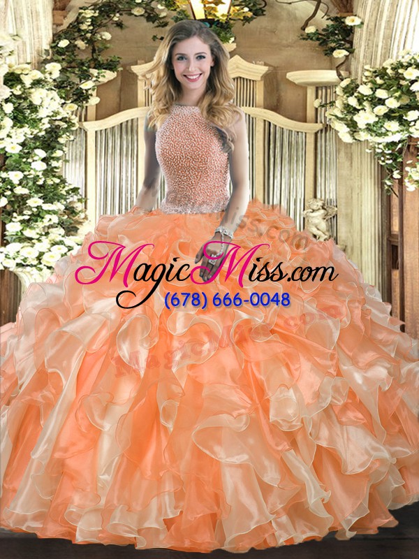 wholesale charming orange red sleeveless organza lace up 15th birthday dress for military ball and sweet 16 and quinceanera