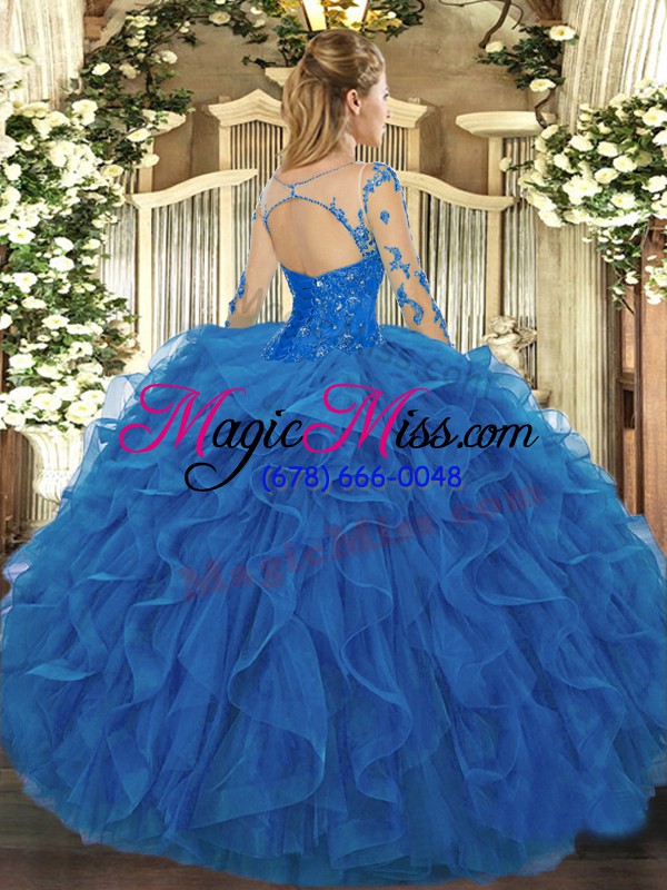 wholesale royal blue long sleeves lace and ruffles floor length 15 quinceanera dress
