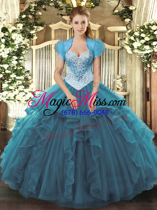 wholesale teal sweetheart neckline beading and ruffles quince ball gowns sleeveless lace up