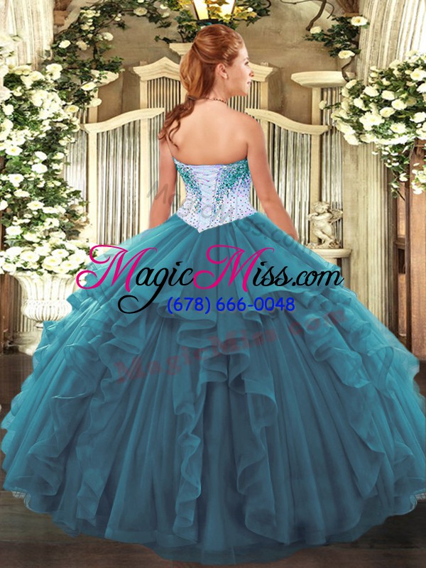 wholesale teal sweetheart neckline beading and ruffles quince ball gowns sleeveless lace up