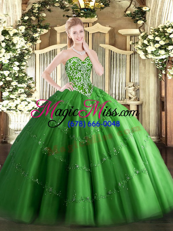 wholesale sophisticated tulle sweetheart sleeveless lace up beading and appliques ball gown prom dress in green