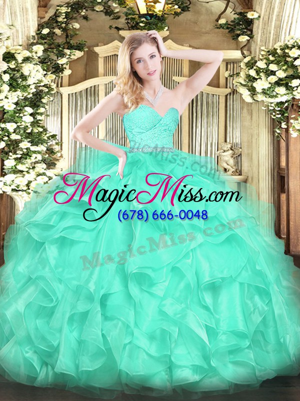 wholesale nice turquoise ball gowns beading and lace and ruffles quince ball gowns zipper organza sleeveless floor length