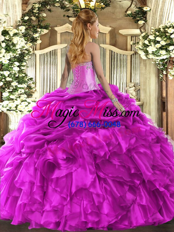 wholesale perfect hot pink ball gowns organza sweetheart sleeveless beading and ruffles and pick ups floor length lace up quinceanera dress