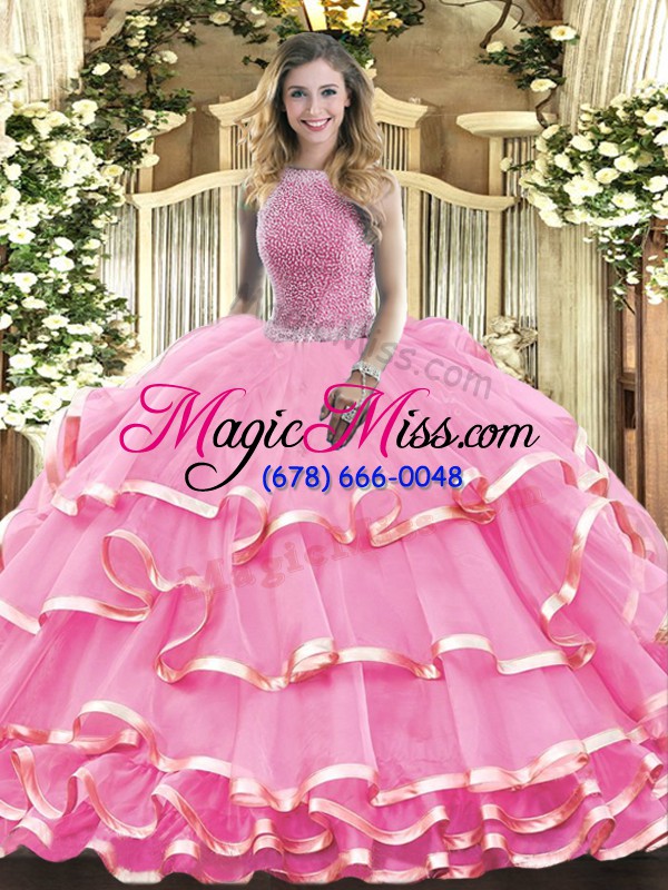 wholesale cute beading and ruffled layers sweet 16 dress rose pink lace up sleeveless floor length