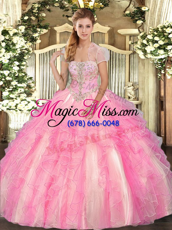 wholesale adorable rose pink ball gowns tulle strapless sleeveless appliques and ruffles floor length lace up sweet 16 dress