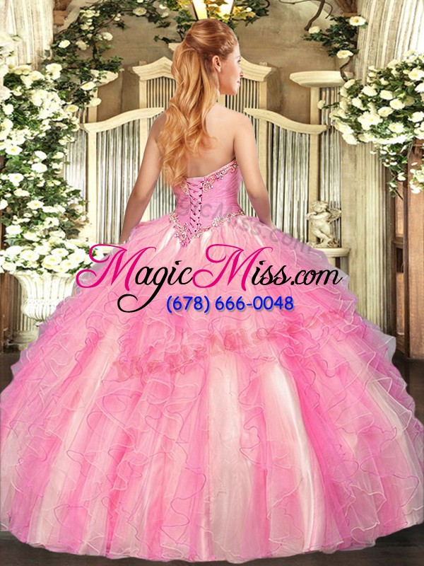 wholesale adorable rose pink ball gowns tulle strapless sleeveless appliques and ruffles floor length lace up sweet 16 dress
