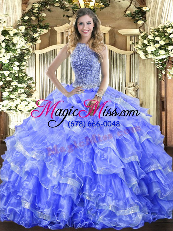 wholesale exquisite sleeveless organza floor length lace up vestidos de quinceanera in blue with beading and ruffled layers